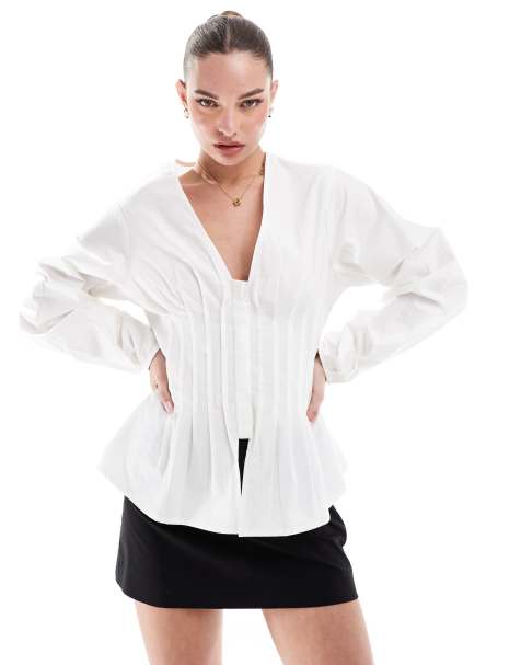 ASOS DESIGN – Vit korsettopp i bomull med v-ringning och volymärm - view 1