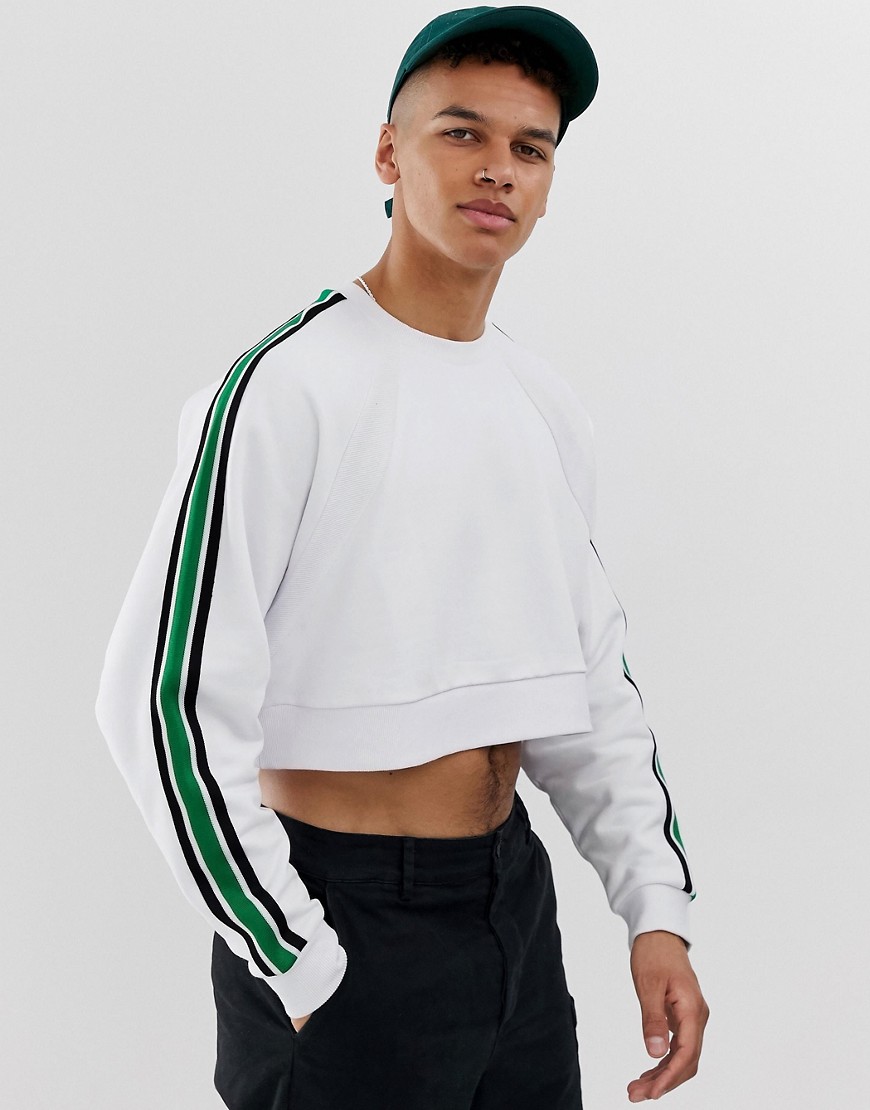 ASOS DESIGN – Vit kort sweatshirt i oversize-modell med stickad rand i sidan och ribbad detalj