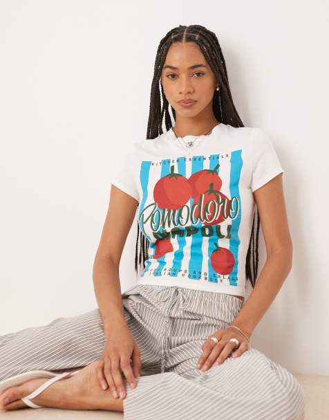 ASOS DESIGN – Vit, kort T-shirt med grafiskt tomat-tryck - view 1