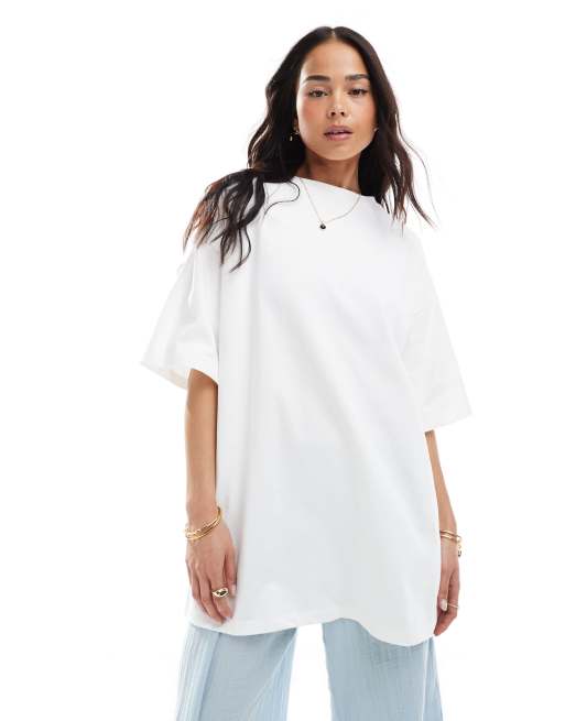 ASOS DESIGN – Vit kraftig t-shirt i lång modell och oversize