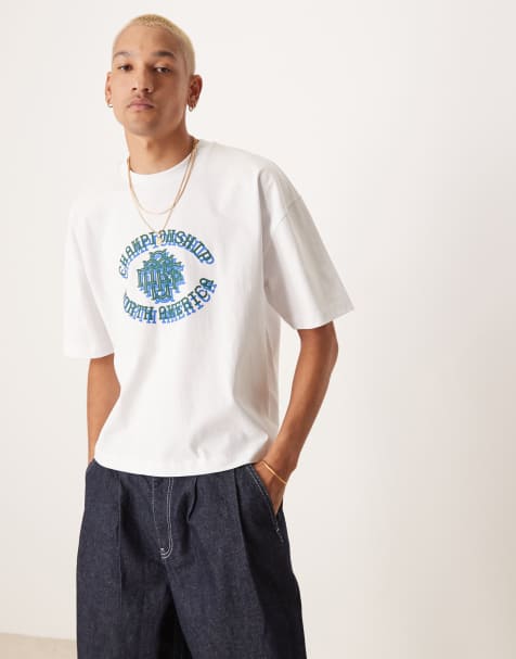 ASOS DESIGN – Vit, kraftig t-shirt i oversize med boxig passform och sporttryck - view 1