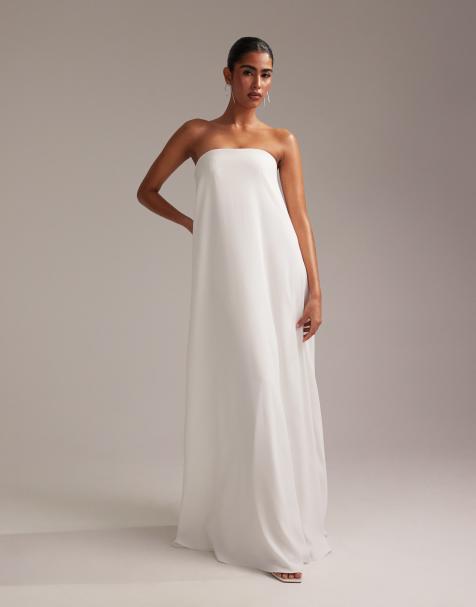 ASOS DESIGN – Vit, lång bröllopsklänning av satin i i trapeze-modell med ren bandeau-ringning - view 1