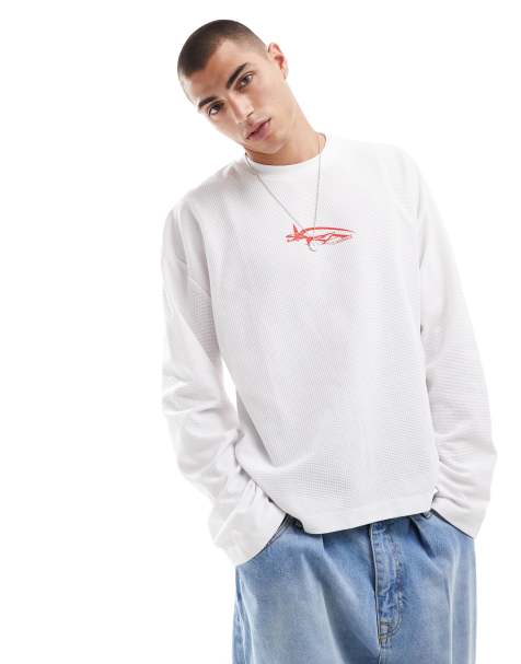 ASOS DESIGN – Vit, långärmad t-shirt i oversize med boxig passform, våffelstruktur och rött texttryck - view 1