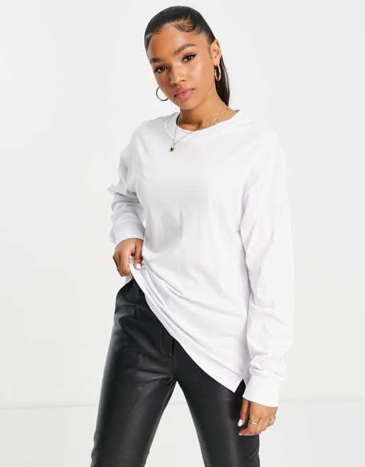 ASOS DESIGN – Vit långärmad t-shirt i oversize med detaljer på muddarna