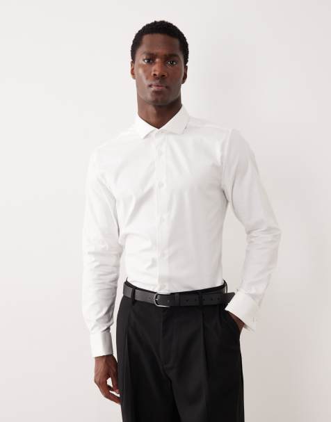 ASOS DESIGN – Vit, lättstruken finskjorta i slim fit och twill med dubbla manschetter - view 1