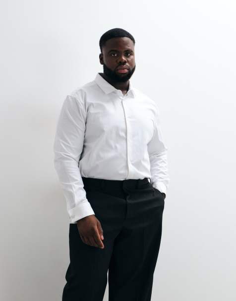 ASOS DESIGN – Vit, lättstruken finskjorta i slim fit och twill med dubbla manschetter - view 1