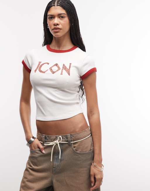 ASOS DESIGN – Vit, liten t-shirt med kantrand och leopardmönstrad text, 3 av 4