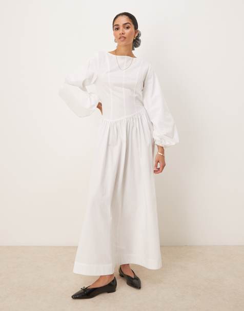 ASOS DESIGN – Vit maxiklänning i poplin med asymmetrisk midja och vida ärmar - view 1