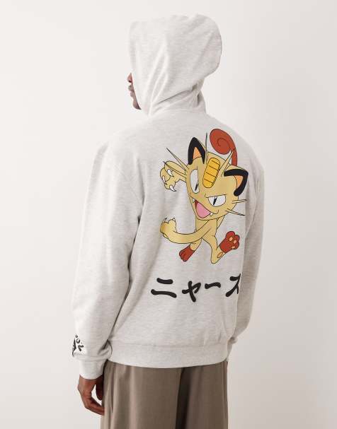 ASOS DESIGN – Vit, melerad, avslappnad huvtröja med Pokemon Meowth-tryck - view 1