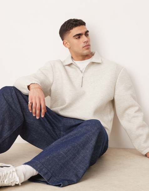 ASOS DESIGN – Vit, melerad, kraftig, avslappnad sweatshirt med boxig passform och kort dragkedja i scubaliknande material - view 1