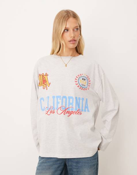 ASOS DESIGN – Vit, melerad skater-t-shirt med långa ärmar och 'California'-sporttryck - view 1