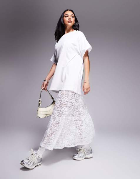 ASOS DESIGN – Vit midiklänning i 2-i-1-design med t-shirt och panelsydd spetskjol - view 1