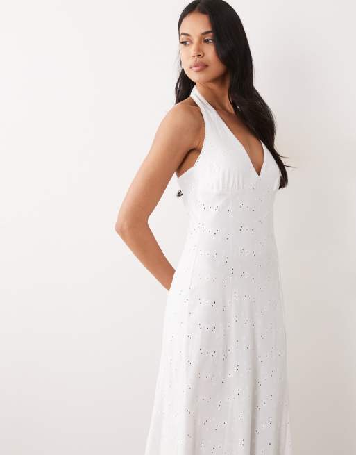 ASOS DESIGN – Vit midiklänning i broderie anglaise med halterneck, 4 av 4