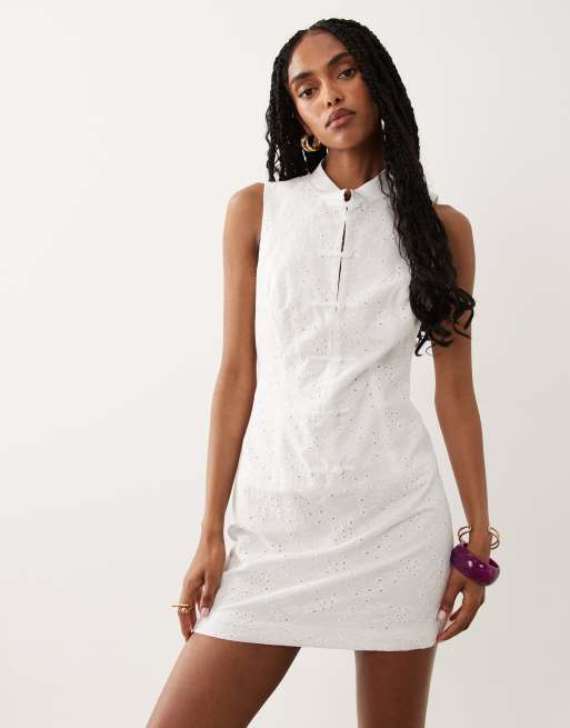 ASOS DESIGN – Vit miniklänning i broderie anglaise med mandarinkrage, 2 av 4