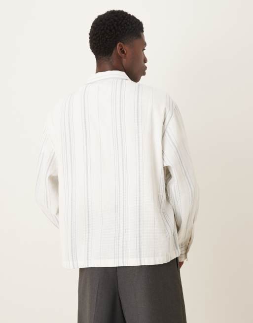 ASOS DESIGN – Vit och blårandig, korgvävd skjorta i oversize, 3 av 5
