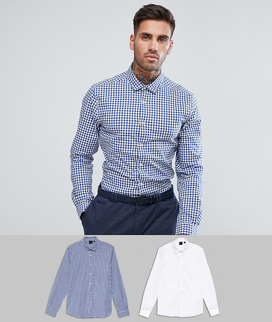 ASOS DESIGN – Vit- och blårutig smart skjorta med stretch i flerpack, spara