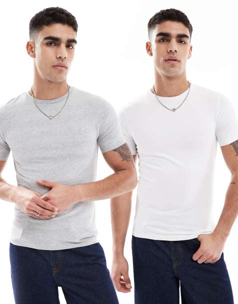 ASOS DESIGN – Vit och grå, enkel t-shirt i muscle fit, 2-pack - view 1