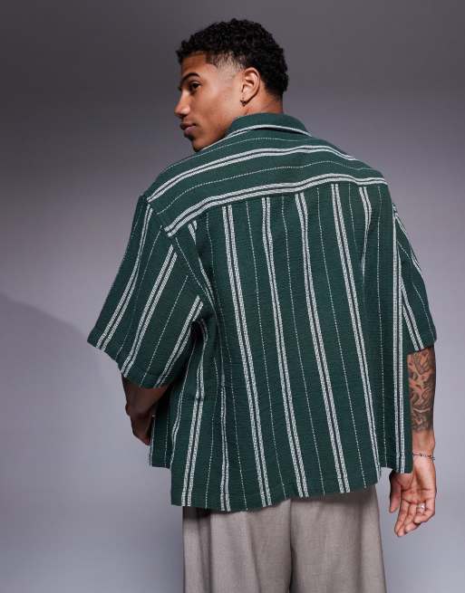 ASOS DESIGN – Vit och grön, randig skjorta i oversize med boxig passform och broderi framtill , 4 av 4