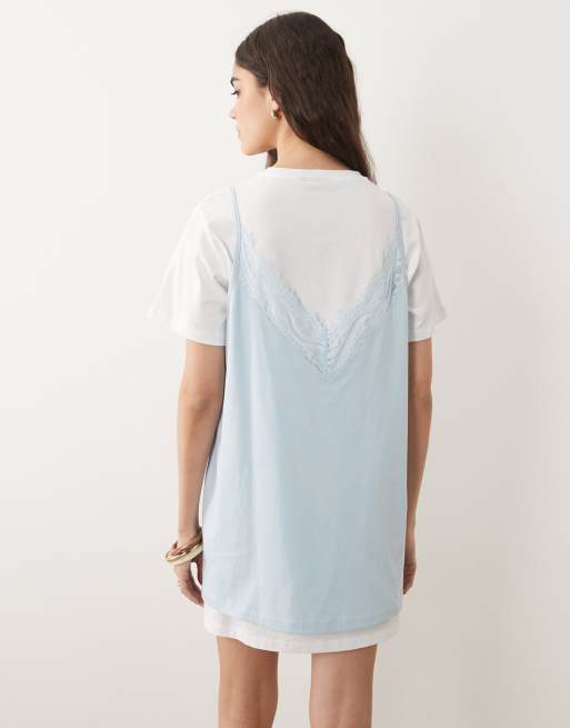 ASOS DESIGN – Vit och ljusblå miniklänning med korta ärmar och spetslager, 2 av 4