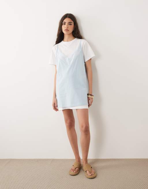ASOS DESIGN – Vit och ljusblå miniklänning med korta ärmar och spetslager, 4 av 4