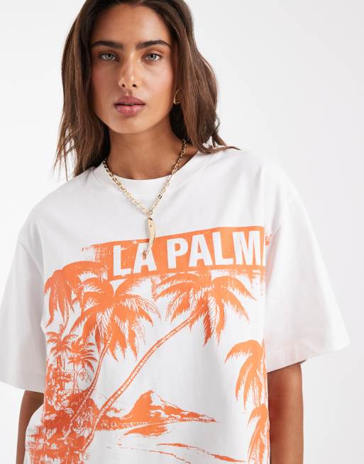 ASOS DESIGN – Vit och orange t-shirt i oversized fit med 'La Palma'-tryck, 2 av 4