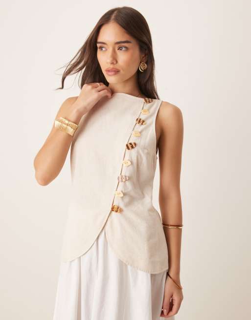 ASOS DESIGN – Vit och sandfärgad maxiklänning i linne- och kostymväst-stil med poplinkjol, 2 av 4
