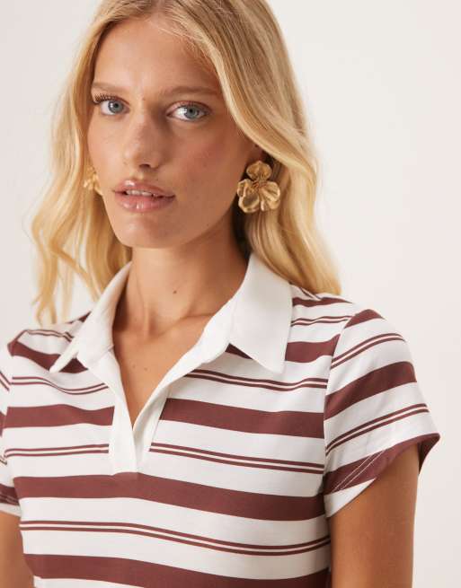 ASOS DESIGN – Vit och vinröd, randig, kortärmad miniklänning med pikékrage och poplinkjol, 3 av 4