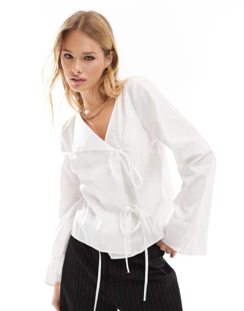 ASOS DESIGN – Vit poplinblus med asymmetrisk knäppning och knytdetaljer - view 1