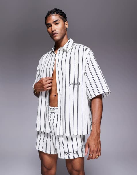 ASOS DESIGN – Vit, randig skjorta i oversize med boxig passform och broderi framtill, del av set - view 1