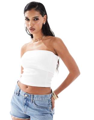 ASOS DESIGN – Vit, ribbad bandeau-topp med nedvikt kant