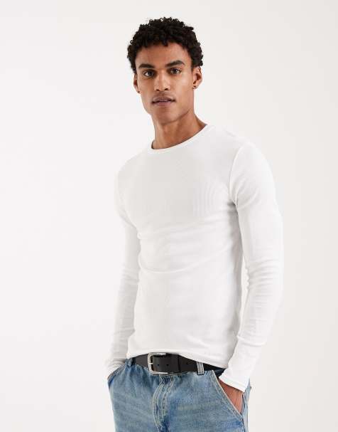 ASOS DESIGN – Vit, ribbad bas-t-shirt i muscle fit med långa ärmar - view 1