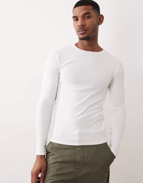 ASOS DESIGN – Vit, ribbad bas-t-shirt i muscle fit med långa ärmar - view 1