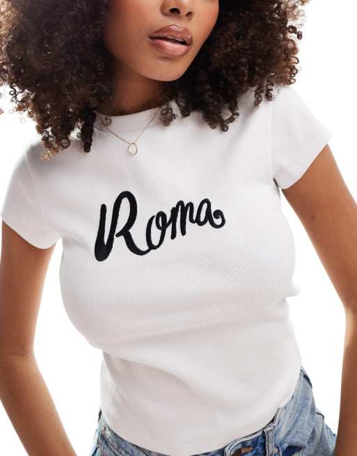 ASOS DESIGN – Vit, ribbad och kort T-shirt med 'Roma'-broderi, 4 av 4