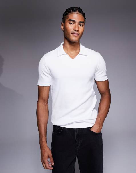 ASOS DESIGN – Vit, ribbad pikétröja i muscle fit - view 1