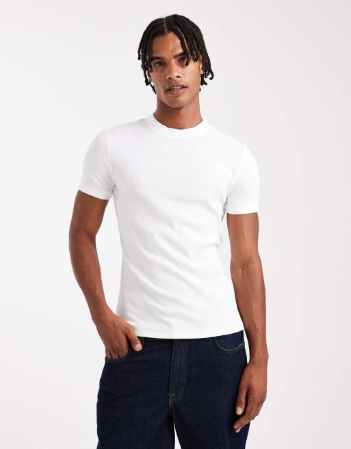 ASOS DESIGN – Vit, ribbad t-shirt med hög krage i muscle fit