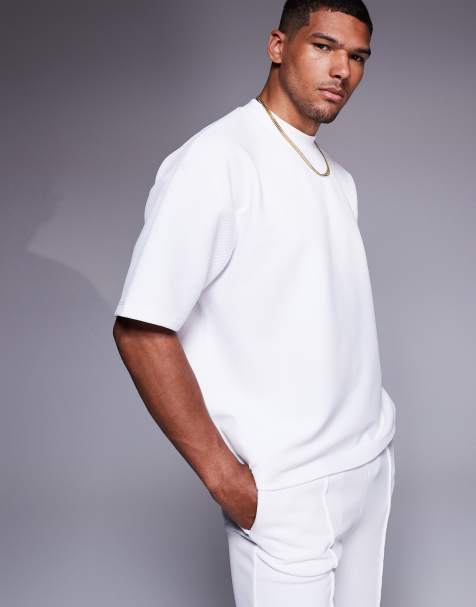 ASOS DESIGN – Vit, ribbad, texturerad t-shirt i oversize med boxig passform, del av set - view 1