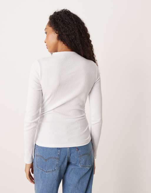 ASOS DESIGN – Vit, ribbad topp med långa ärmar och rynkade detaljer, 4 av 4