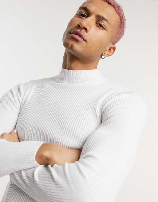 ASOS DESIGN – Vit ribbad tröja med halvpolokrage i muscle fit