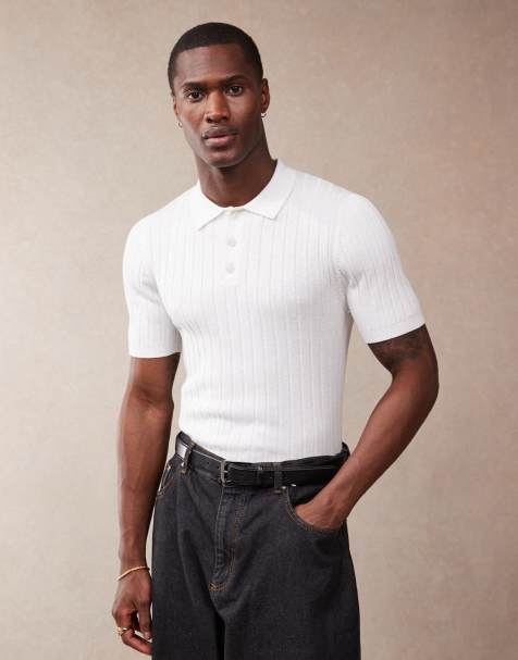 ASOS DESIGN – Vit, ribbstickad pikétröja i muscle fit - view 1