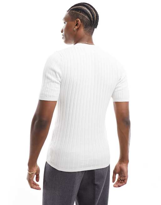 ASOS DESIGN – Vit ribbstickad t-shirt i lätt tyg med muscle fit, 3 av 4
