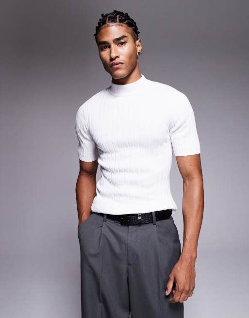 ASOS DESIGN – Vit, ribbstickad t-shirt med halvpolokrage i muscle fit-modell