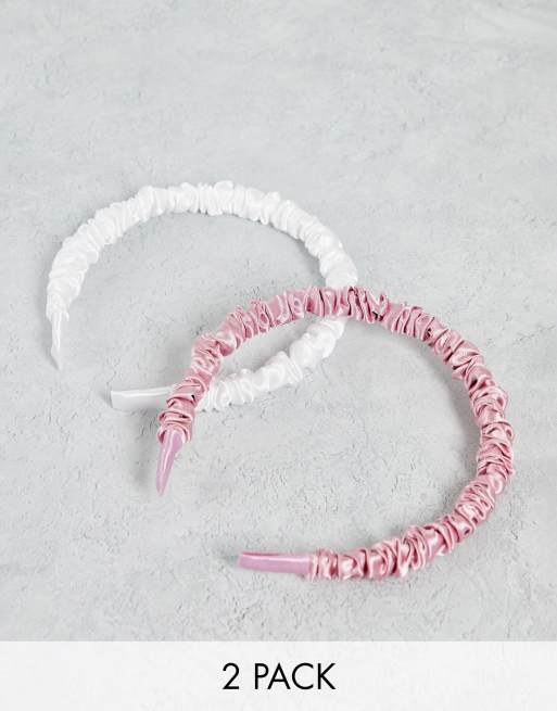ASOS DESIGN – Vit, rosa, rynkade hårband i satin, 2-pack