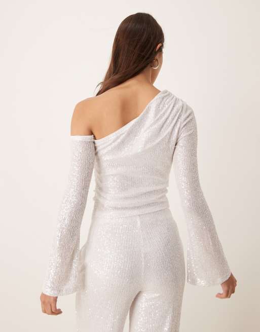 ASOS DESIGN – Vit, rynkad topp med paljetter och asymmetrisk halsringning, 3 av 4