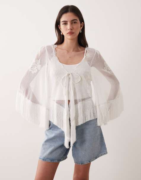 ASOS DESIGN – Vit, skir topp med broderi, knytning framtill och fransig fåll - view 1