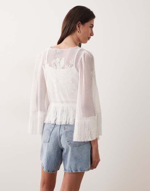 ASOS DESIGN – Vit, skir topp med broderi, knytning framtill och fransig fåll, 4 av 4