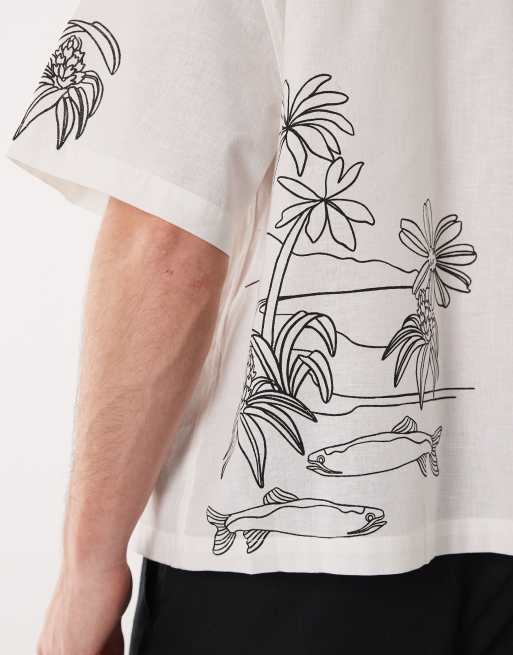 ASOS DESIGN – Vit skjorta i oversize med boxig passform och tryck på rygg och ärmar i linnemix, 5 av 5