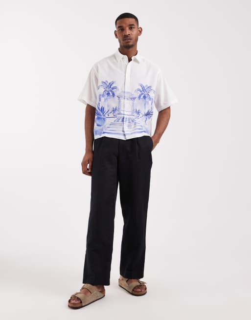 ASOS DESIGN – Vit skjorta i oversize med boxig passform och utplacerat tryck i linnemix, 2 av 5