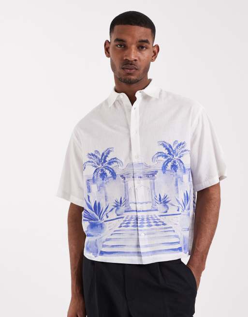 ASOS DESIGN – Vit skjorta i oversize med boxig passform och utplacerat tryck i linnemix, 3 av 5