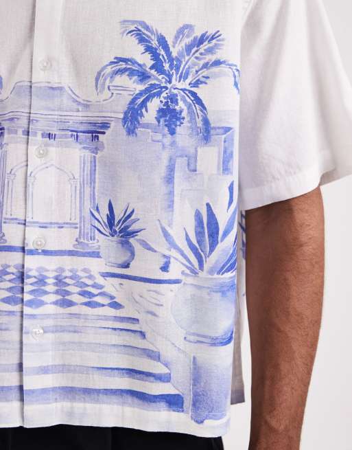 ASOS DESIGN – Vit skjorta i oversize med boxig passform och utplacerat tryck i linnemix, 4 av 5