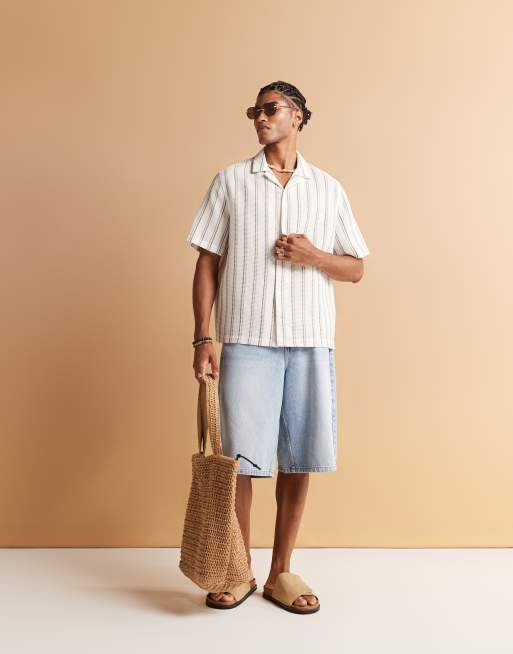 ASOS DESIGN – Vit skjorta med textur, platt krage och gröna ränder, 4 av 4